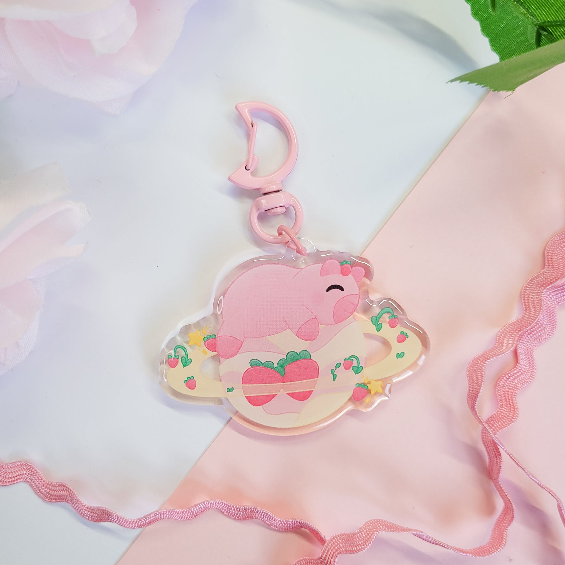 Strawberries and Cream space capybara keychain