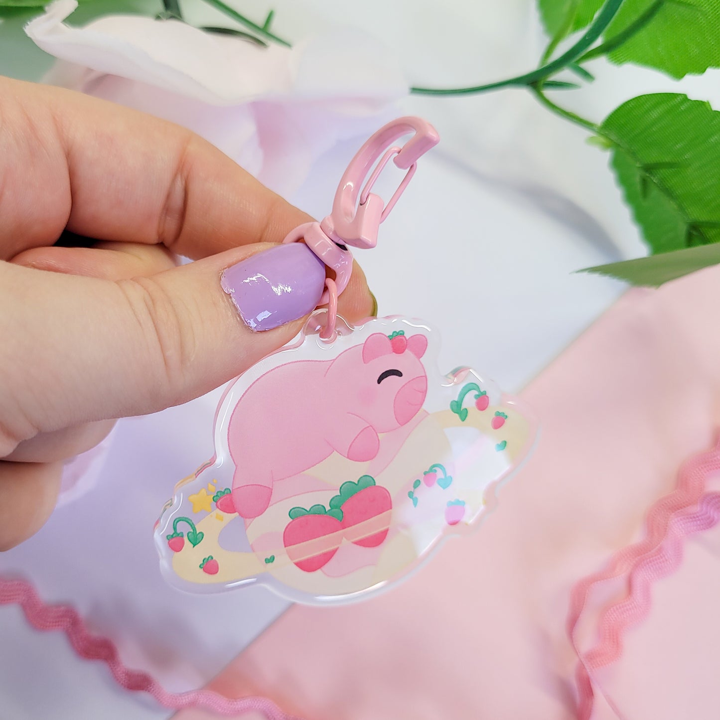 Strawberries and Cream space capybara keychain