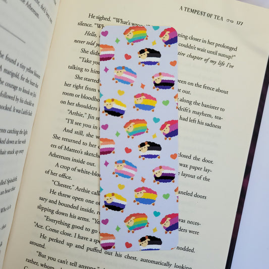 Pride themed bookmark with colourful sheep on them