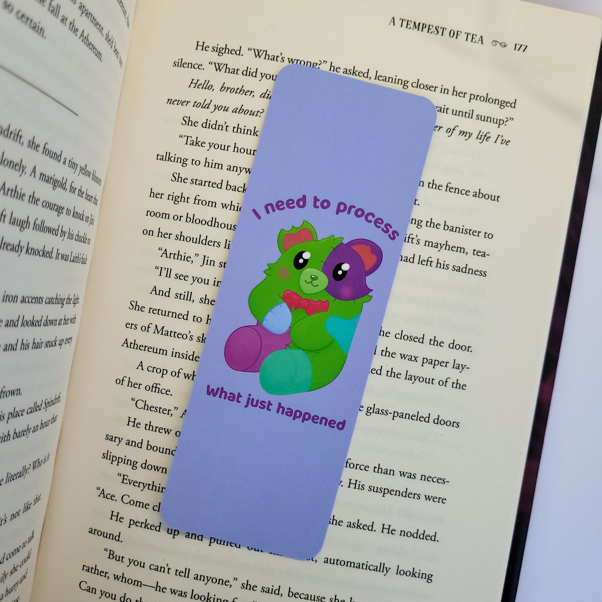 Frankenbear bookmark featuring the text "I need to process what just happened"