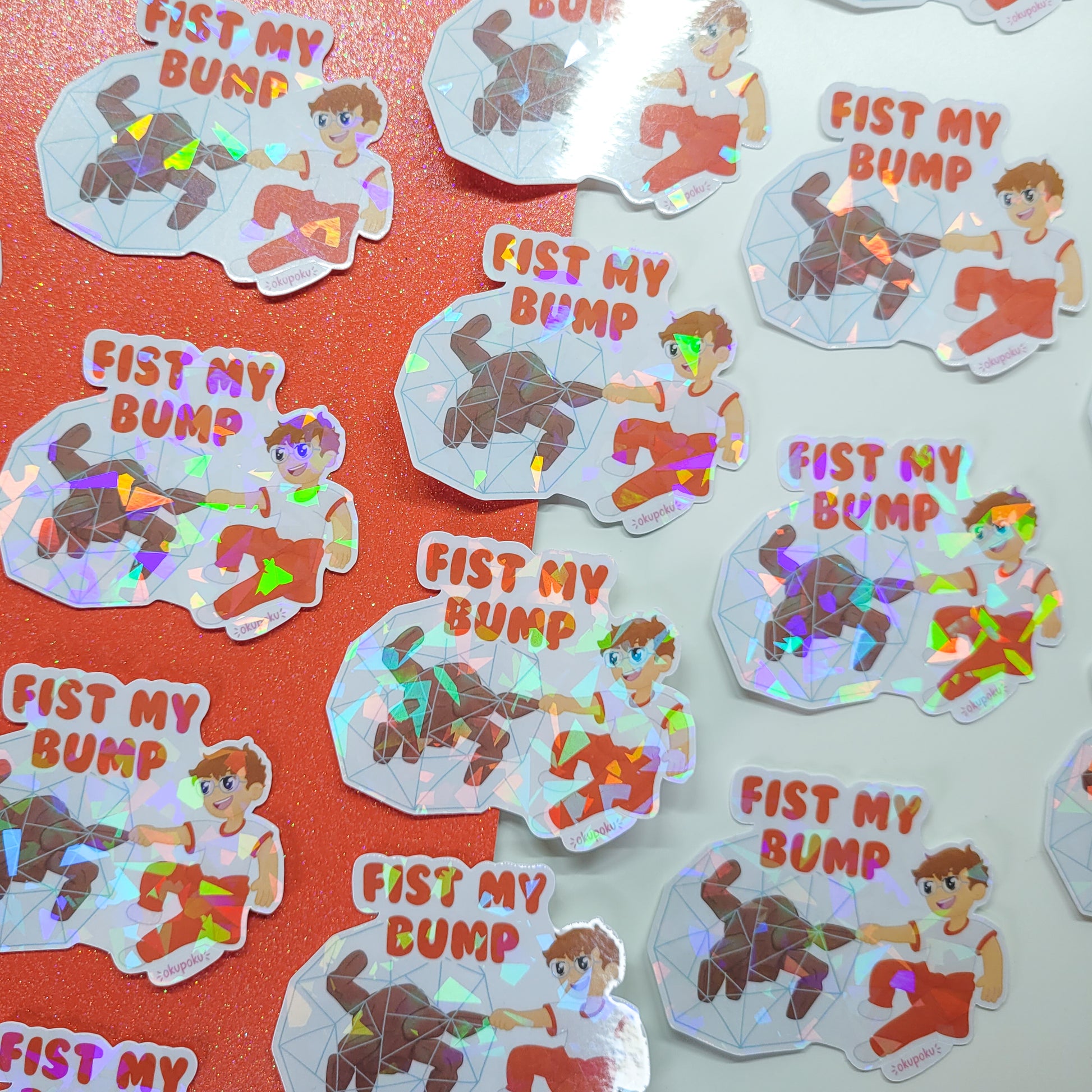 Holographic stickers with rocky and grace and text on a red background