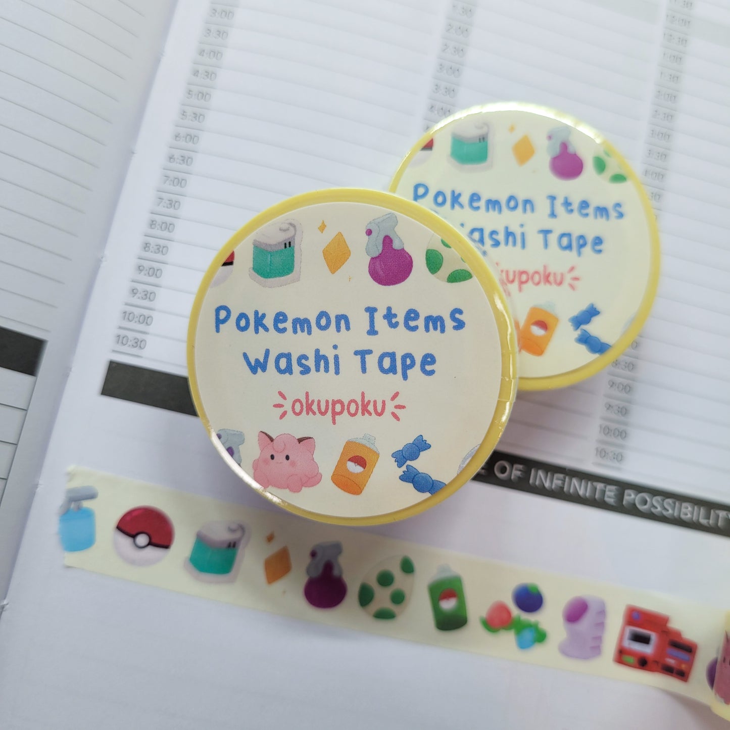 Pokemon Item washi tape being shown in a journal