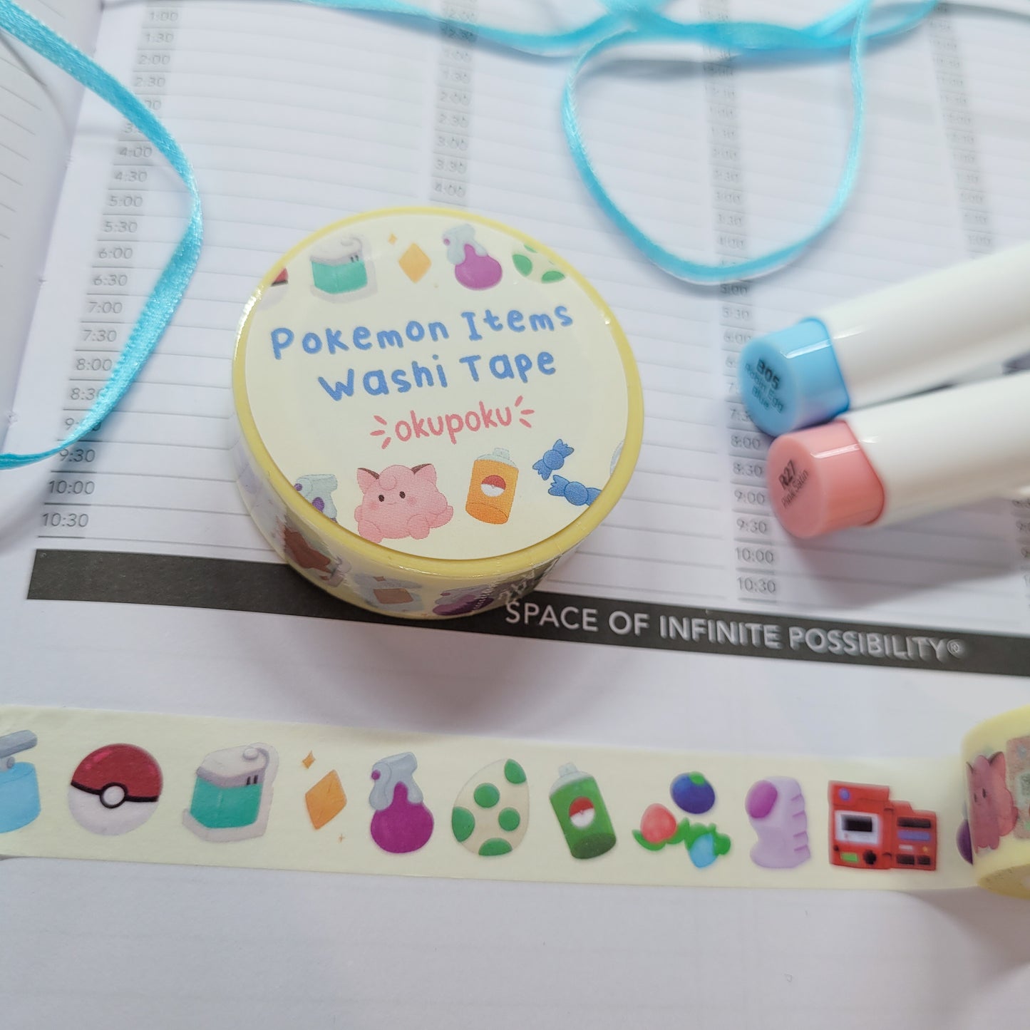 Pokemon Item washi tape being shown in a journal