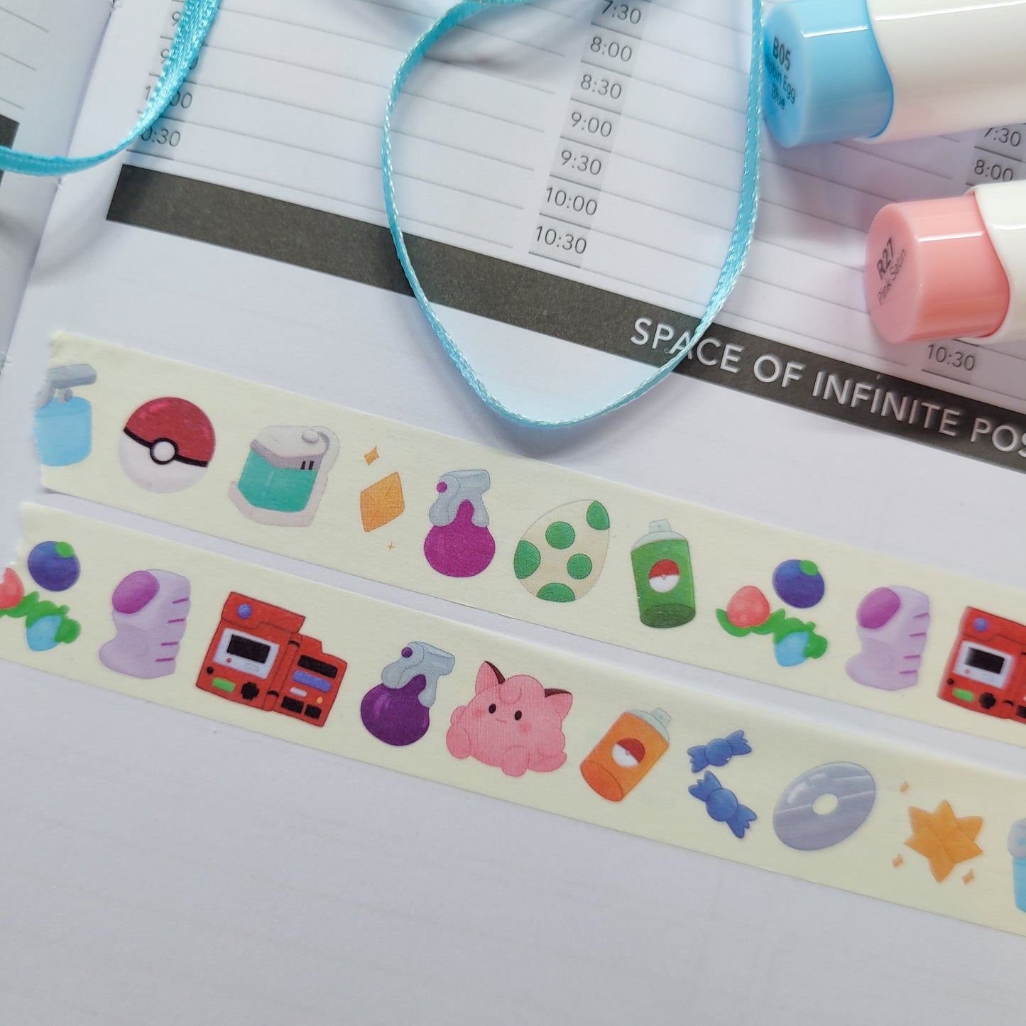 Pokemon Item washi tape being shown in a journal
