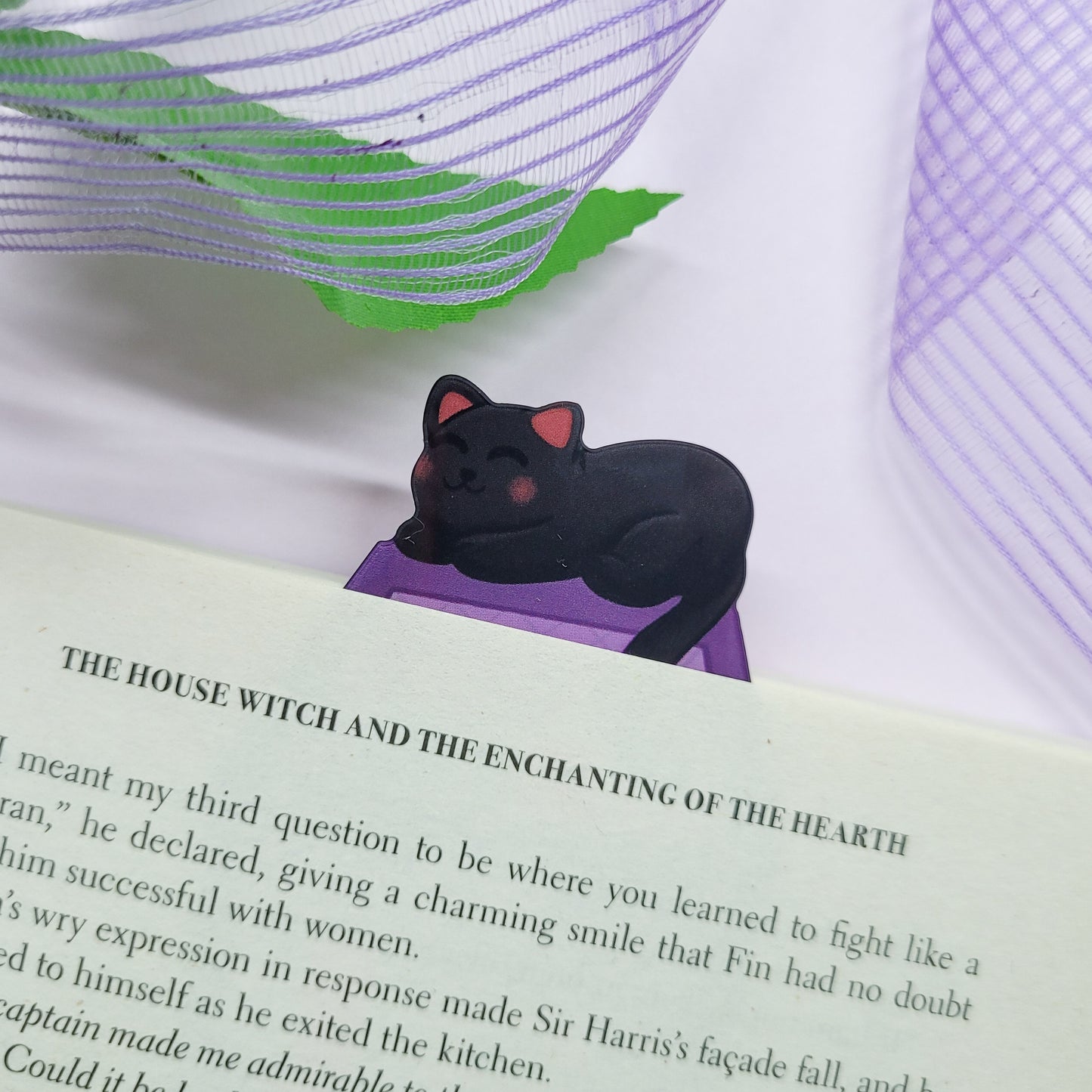 Gothic purple and black bookshelf with a black cat sat on top