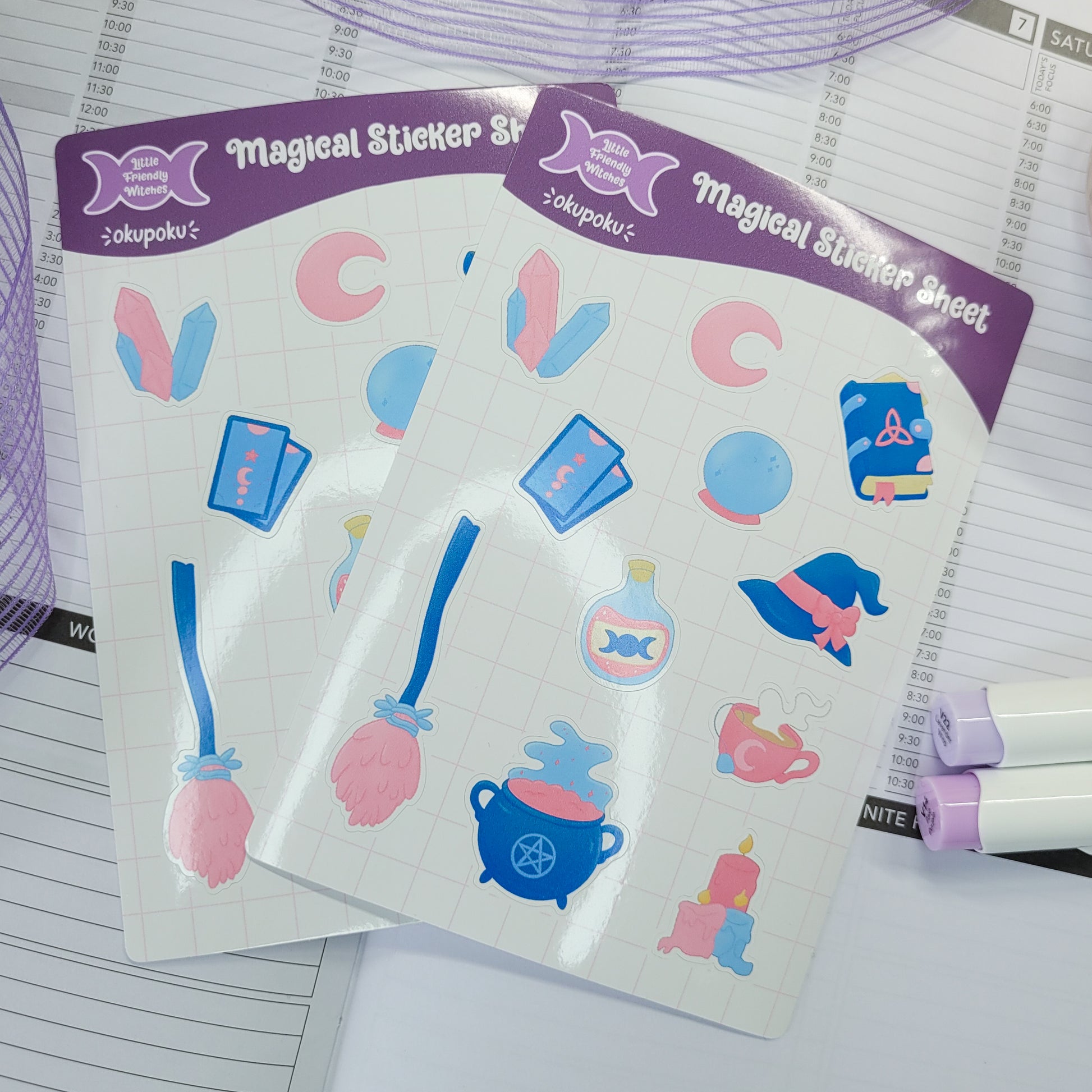 Witchy items sticker sheet A6 size, shown in use