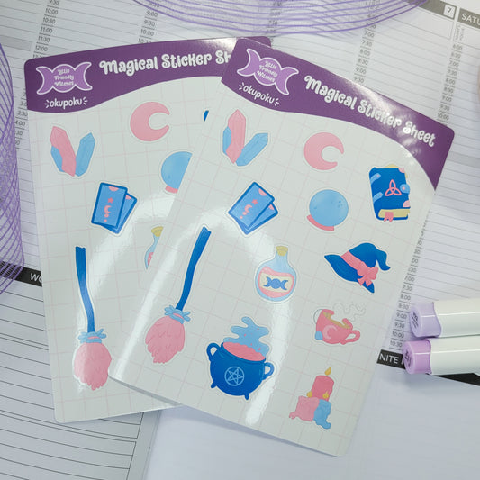 Witchy items sticker sheet A6 size, shown in use