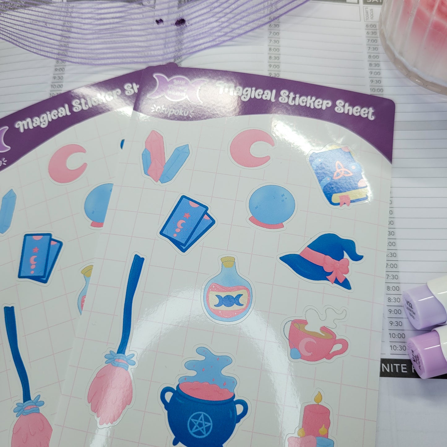 Witchy items sticker sheet A6 size, shown in use