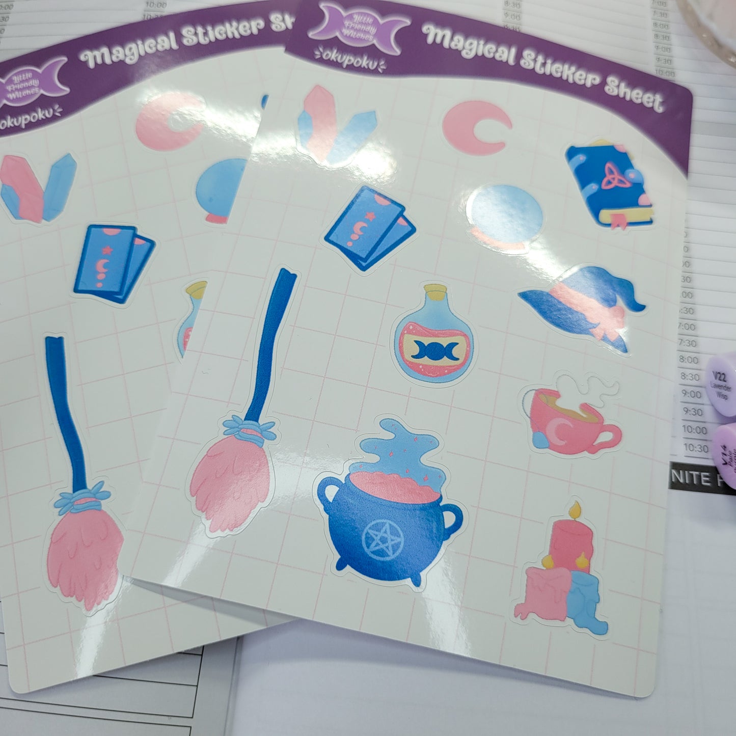 Witchy items sticker sheet A6 size, shown in use
