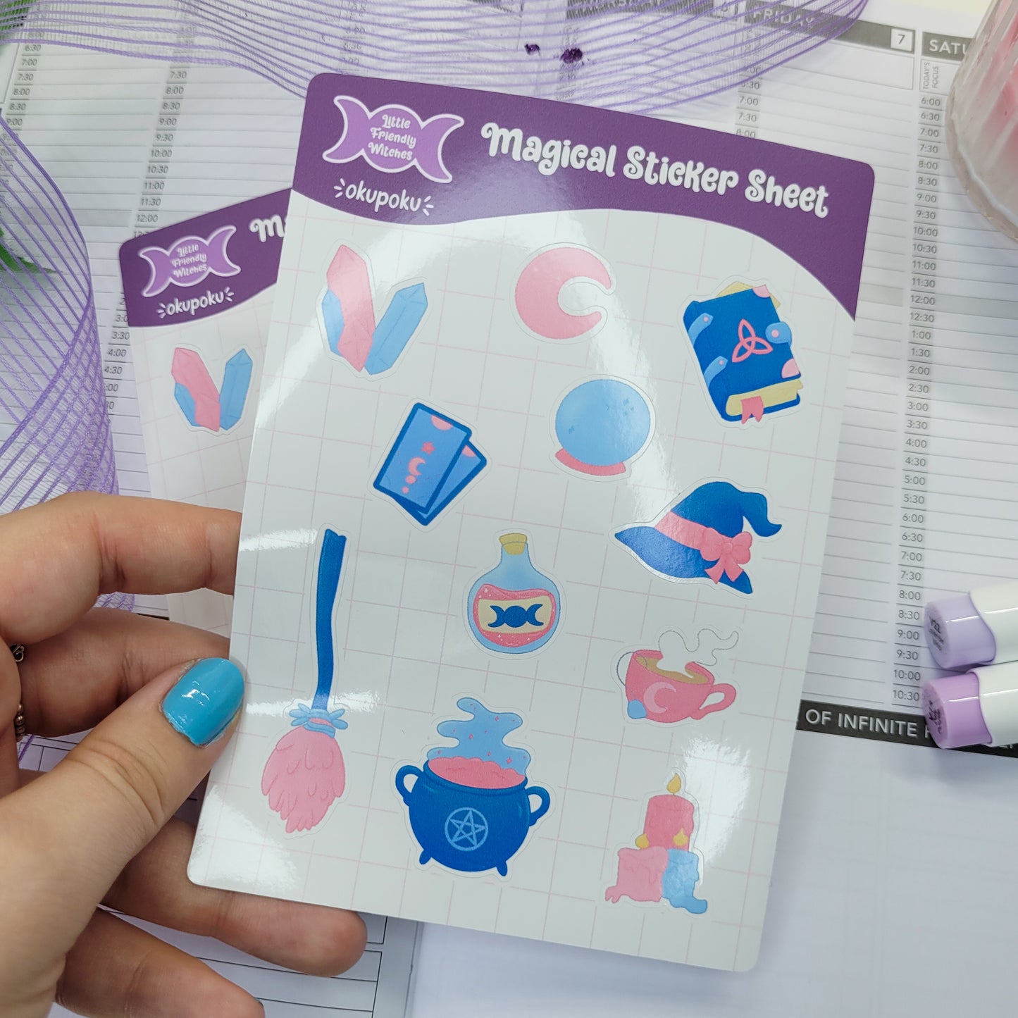 Witchy items sticker sheet A6 size, shown in use