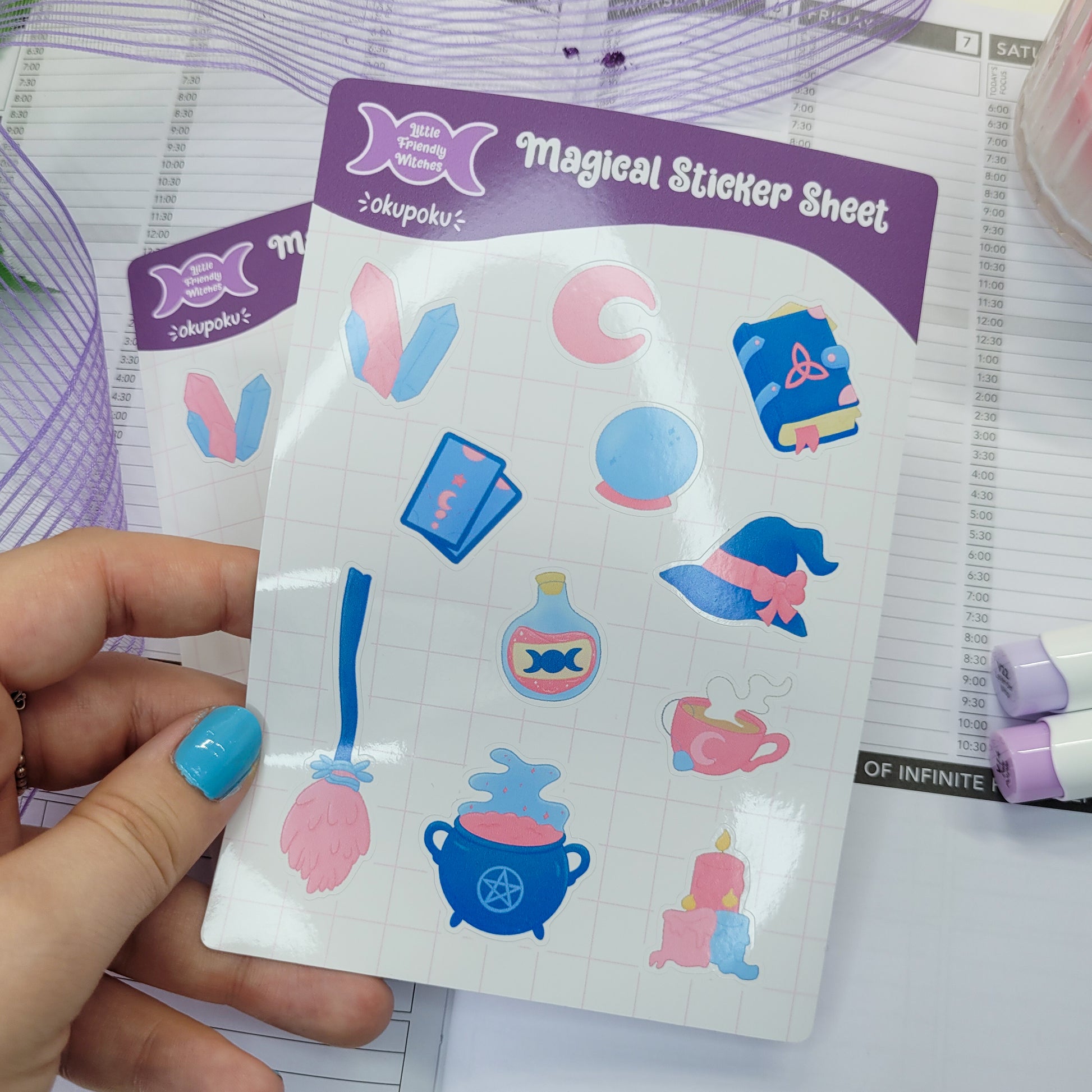 Witchy items sticker sheet A6 size, shown in use
