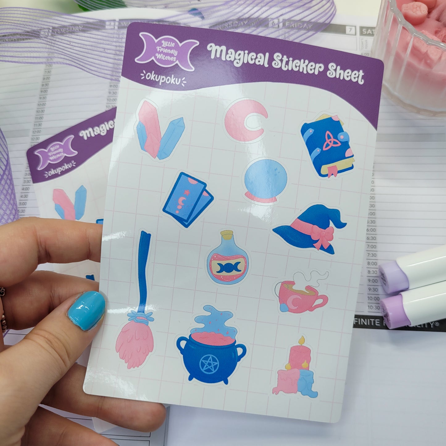 Witchy items sticker sheet A6 size, shown in use