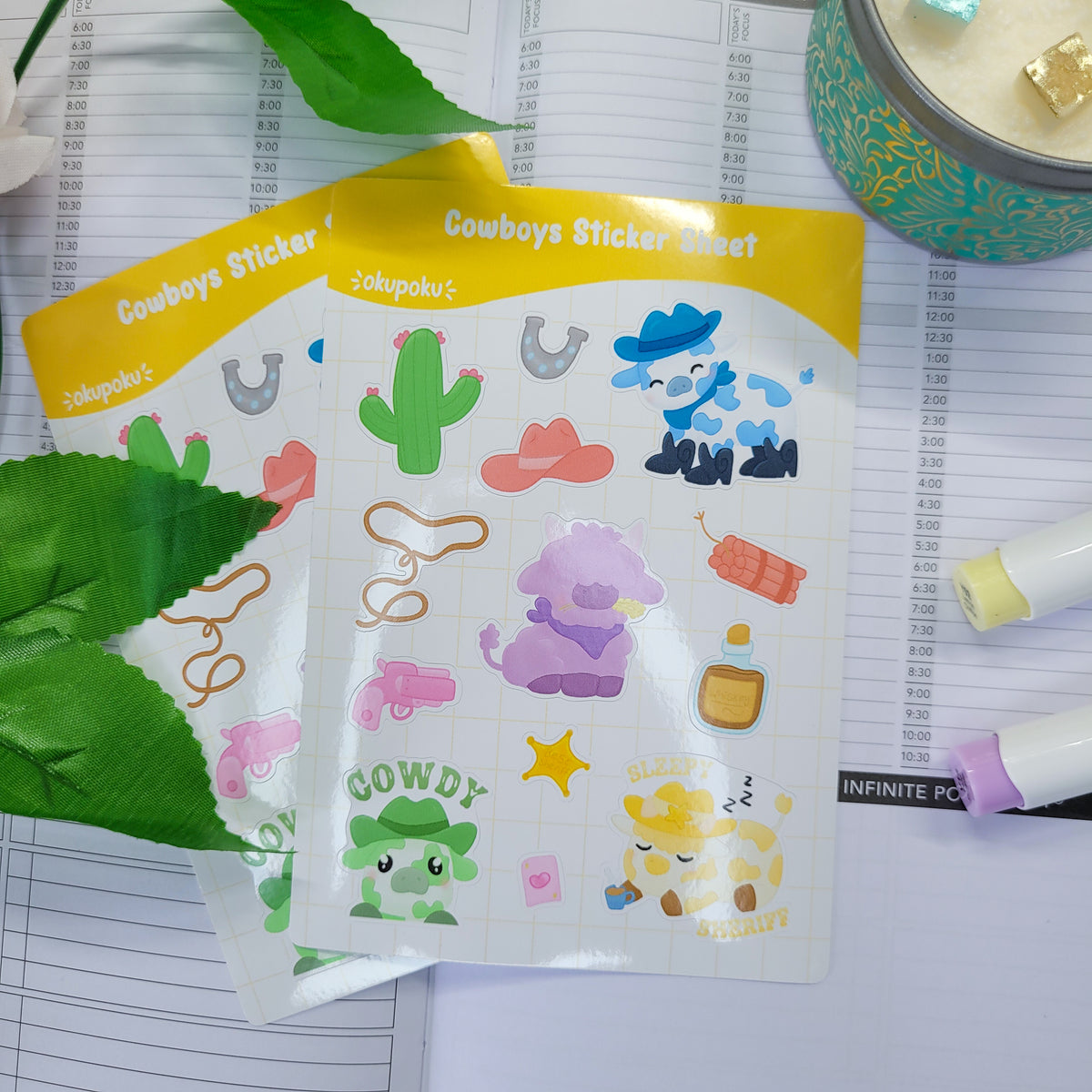 cute cows as cowboys sticker sheet, A6 size shown in use