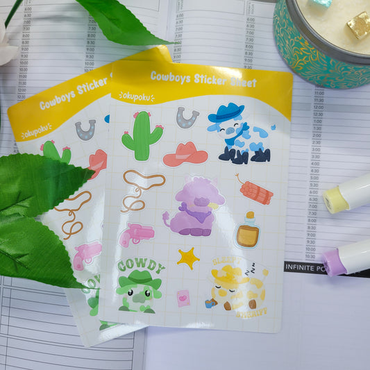 cute cows as cowboys sticker sheet, A6 size shown in use