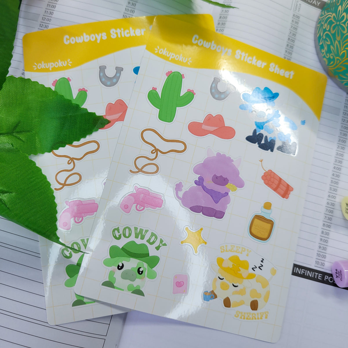 cute cows as cowboys sticker sheet, A6 size shown in use