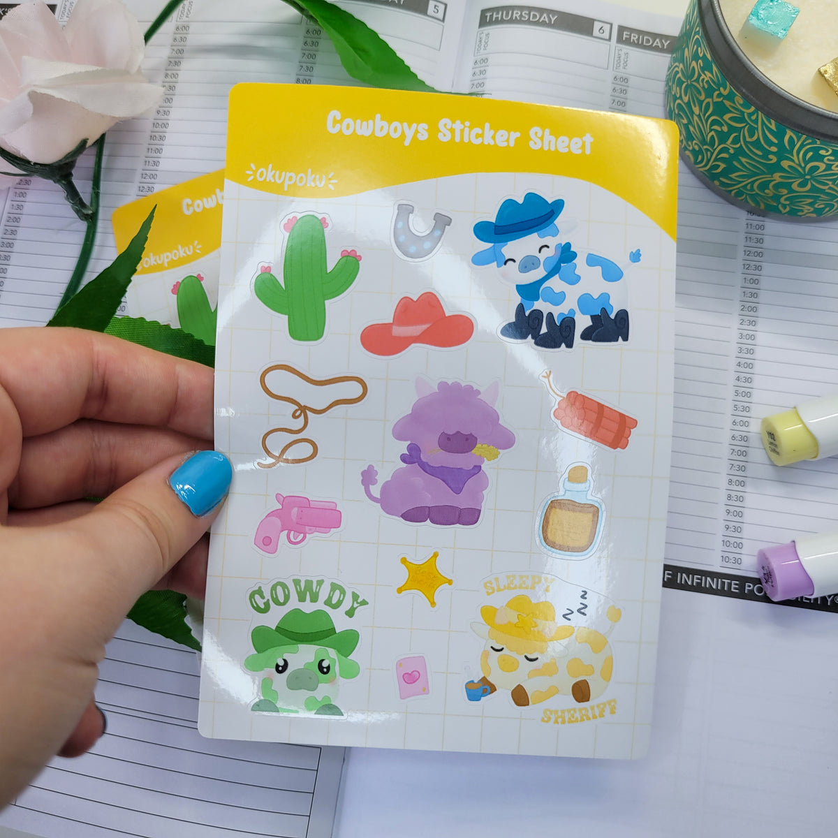 cute cows as cowboys sticker sheet, A6 size shown in use