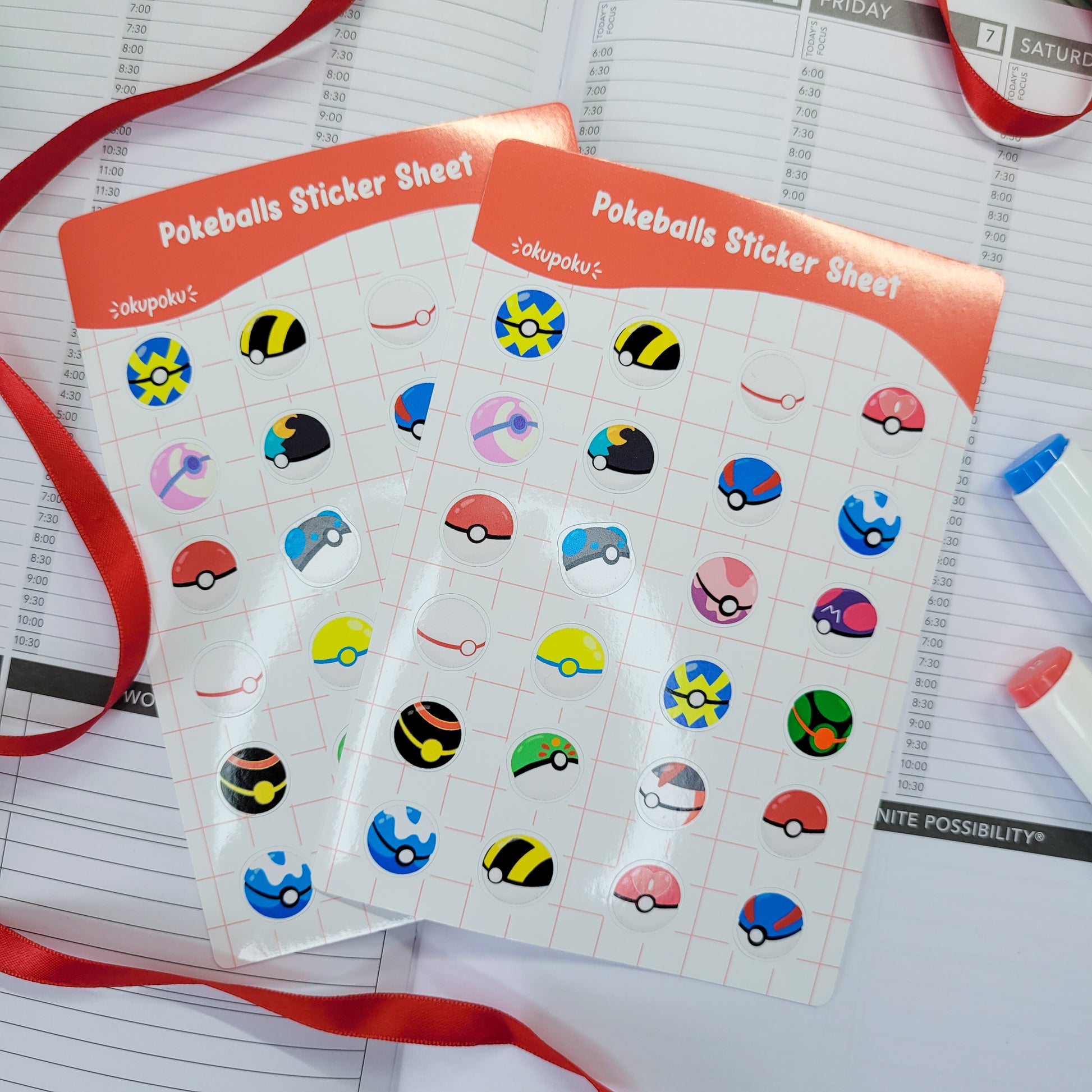 Pokeball planner sticker sheet shown in use