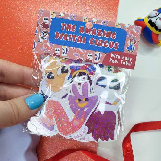 The Amazing Digital Circus sticker pack featuring the main six characters shown in use