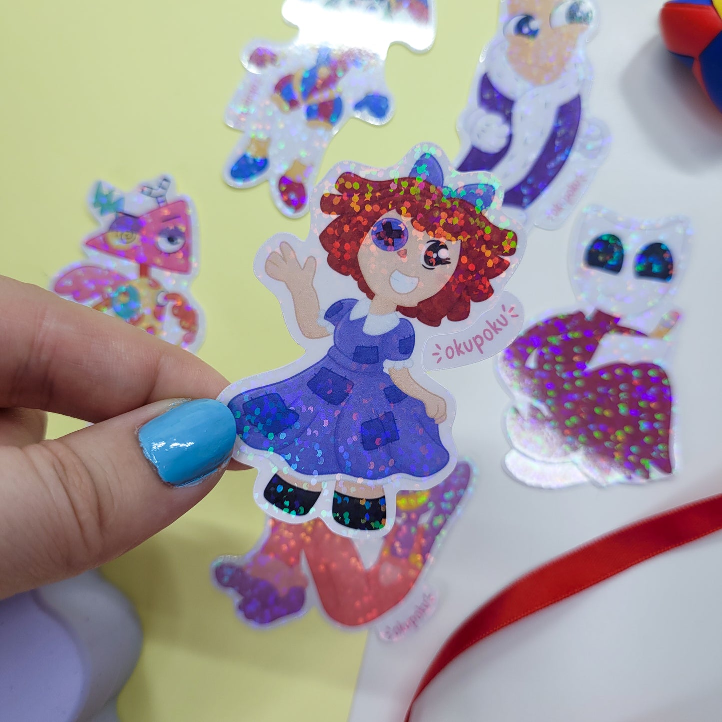The Amazing Digital Circus sticker pack featuring the main six characters shown in use