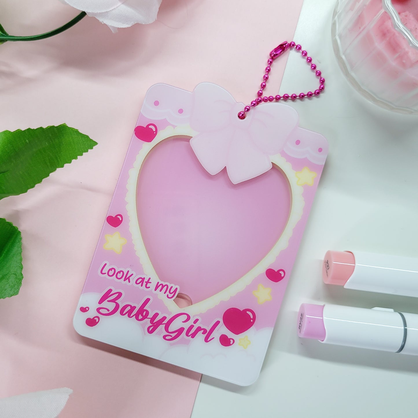 cute and pink photocard holder, featuring the text "look at my babygirl"