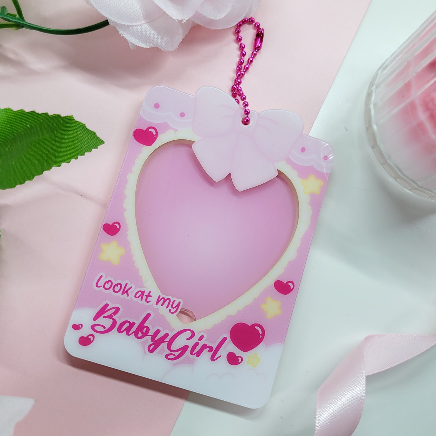 cute and pink photocard holder, featuring the text "look at my babygirl"