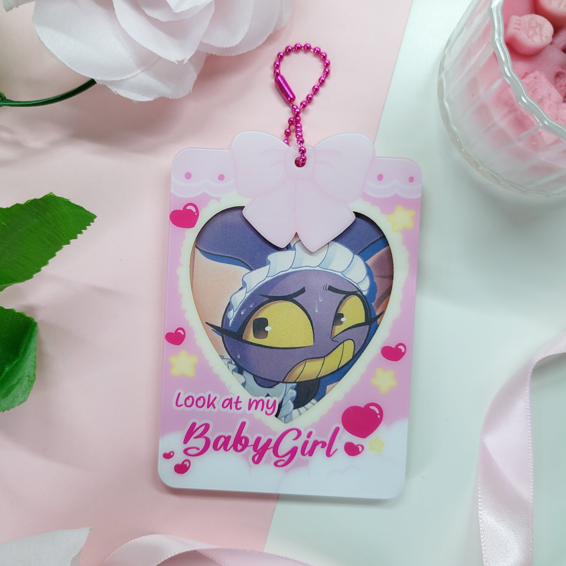 cute and pink photocard holder, featuring the text "look at my babygirl"