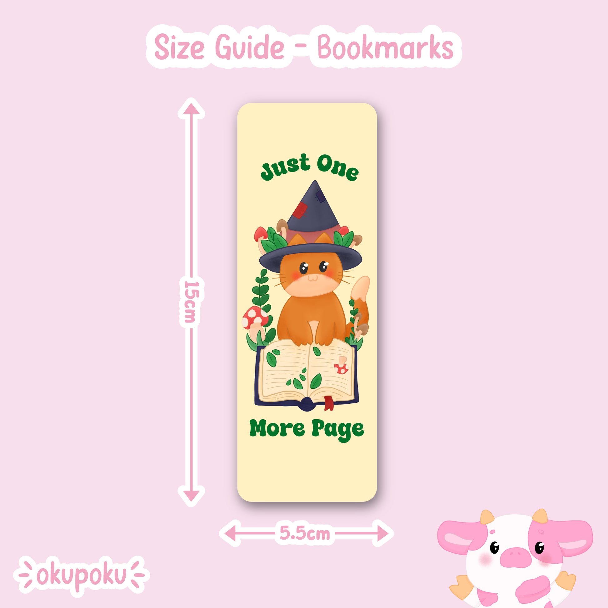 Cute cat witch bookmark featuring the text "Just one more page"