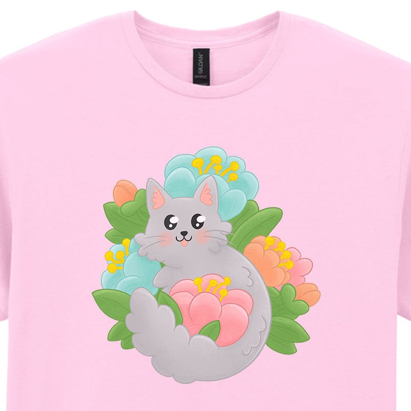 Grey Cat T-Shirt, Unisex Pink Flowery Cat Top