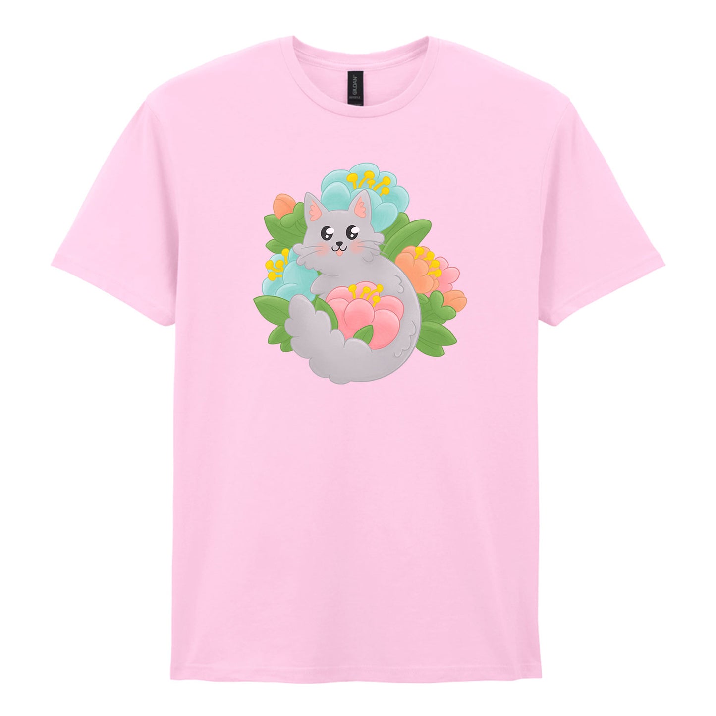Grey Cat T-Shirt, Unisex Pink Flowery Cat Top