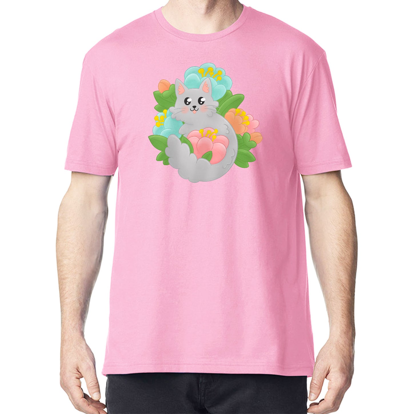 Grey Cat T-Shirt, Unisex Pink Flowery Cat Top