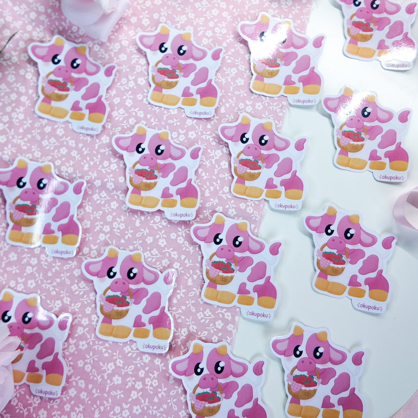 Pink Strawberry Cow Sticker, Tara Holding Berry Basket