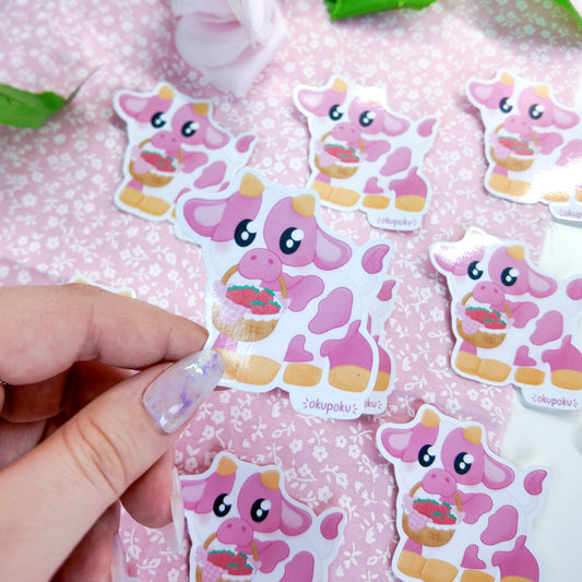 Pink Strawberry Cow Sticker, Tara Holding Berry Basket