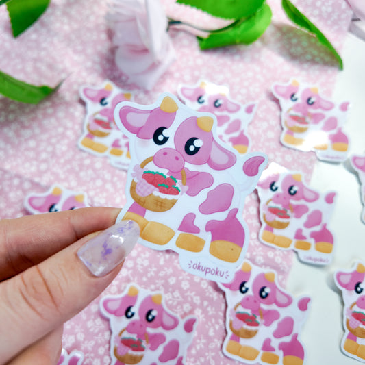 Pink Strawberry Cow Sticker, Tara Holding Berry Basket