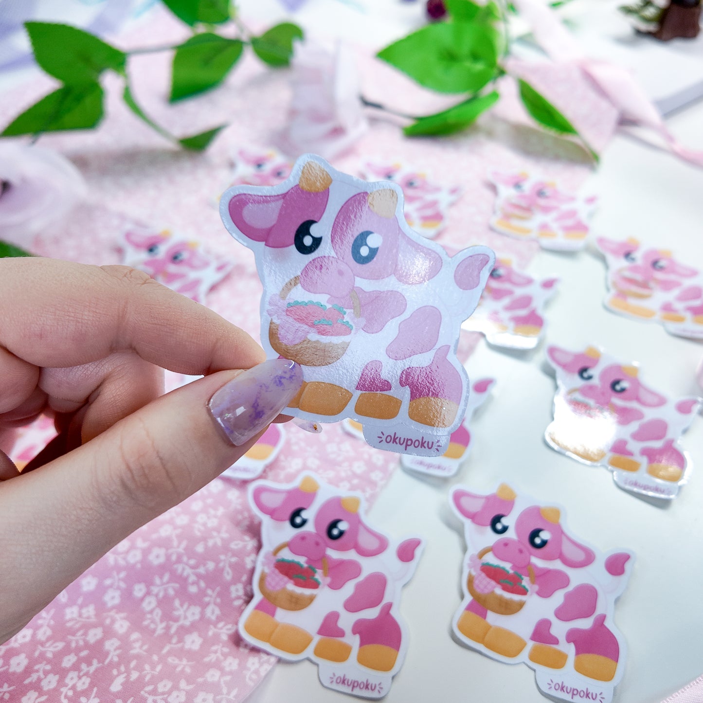 Pink Strawberry Cow Sticker, Tara Holding Berry Basket