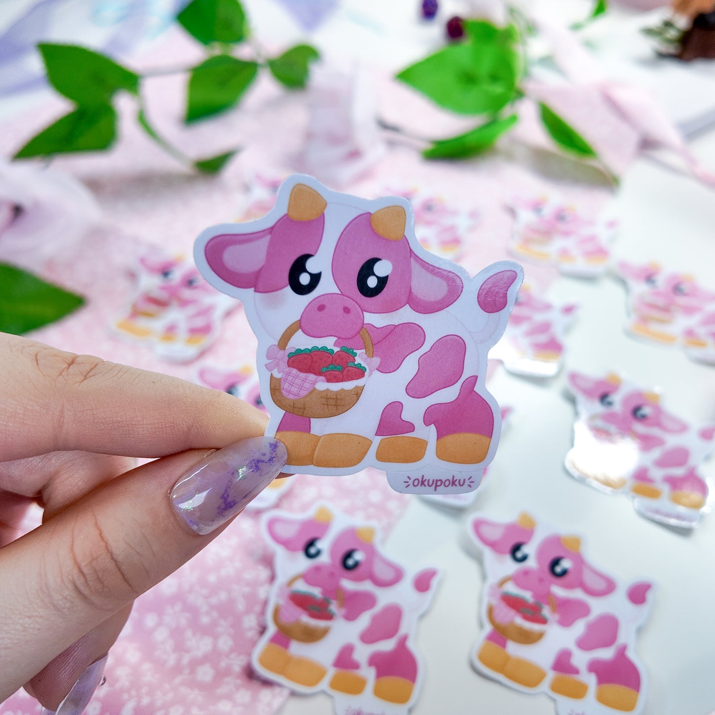 Pink Strawberry Cow Sticker, Tara Holding Berry Basket