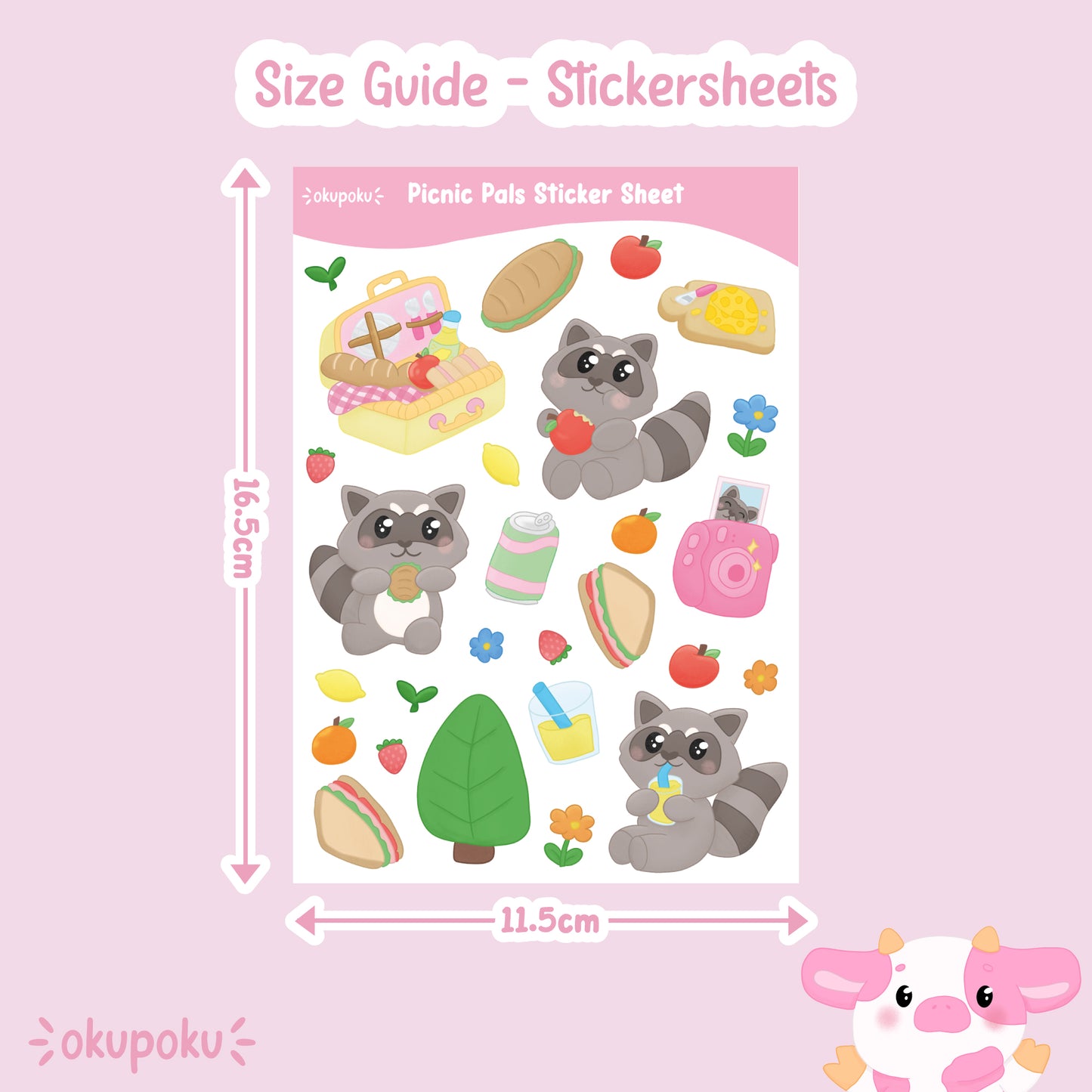 Cute Racoons having a picnic stickersheet featuring lots of food themed stickers too